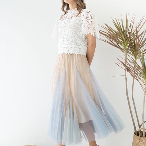 COLOR BLOCK PANELLED MESH FRILLING MAXI SKIRT IN APRICOT small/medium - Picture 6 of 16